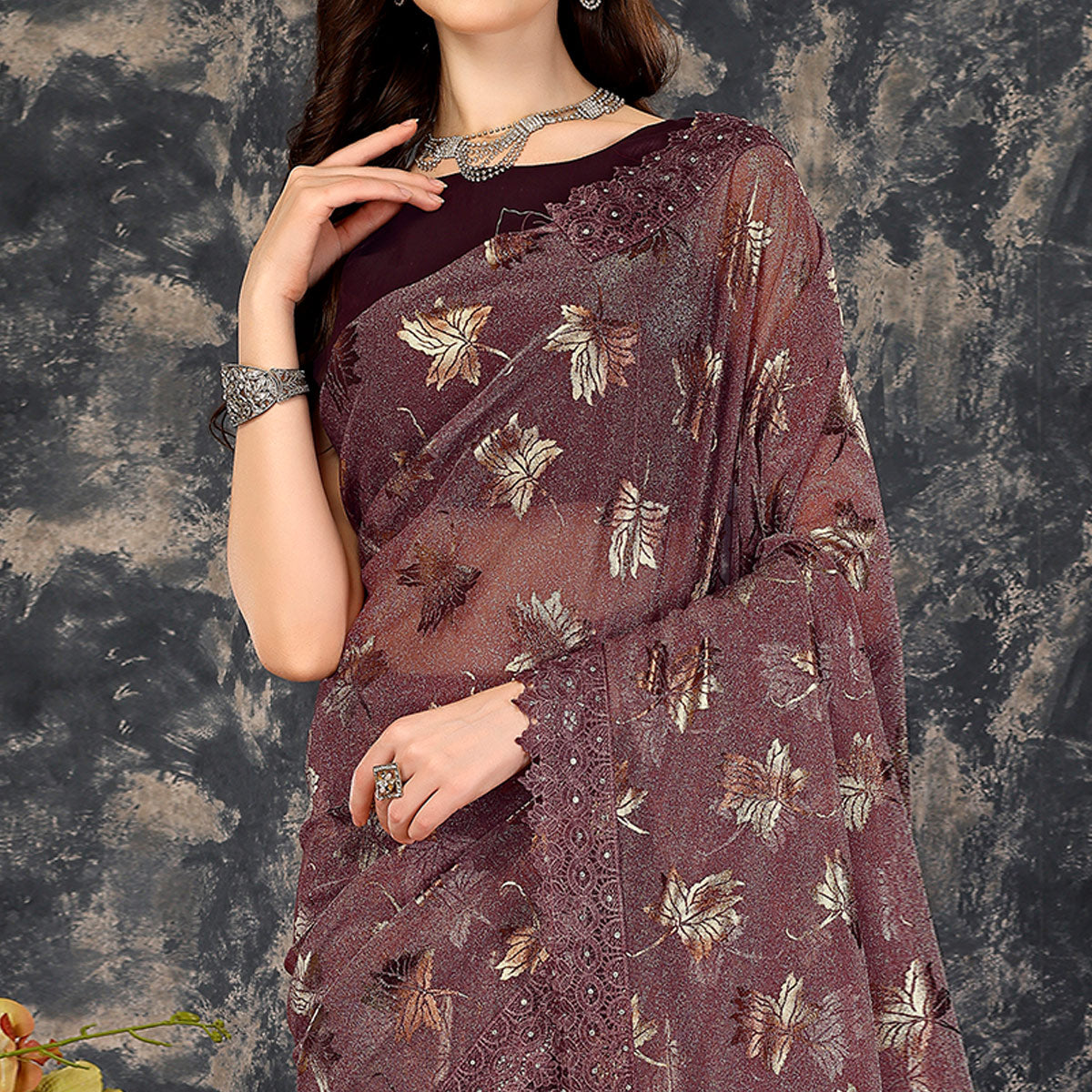 Dark Mauve Foil Printed Lycra Saree With Embroidered Lace Border