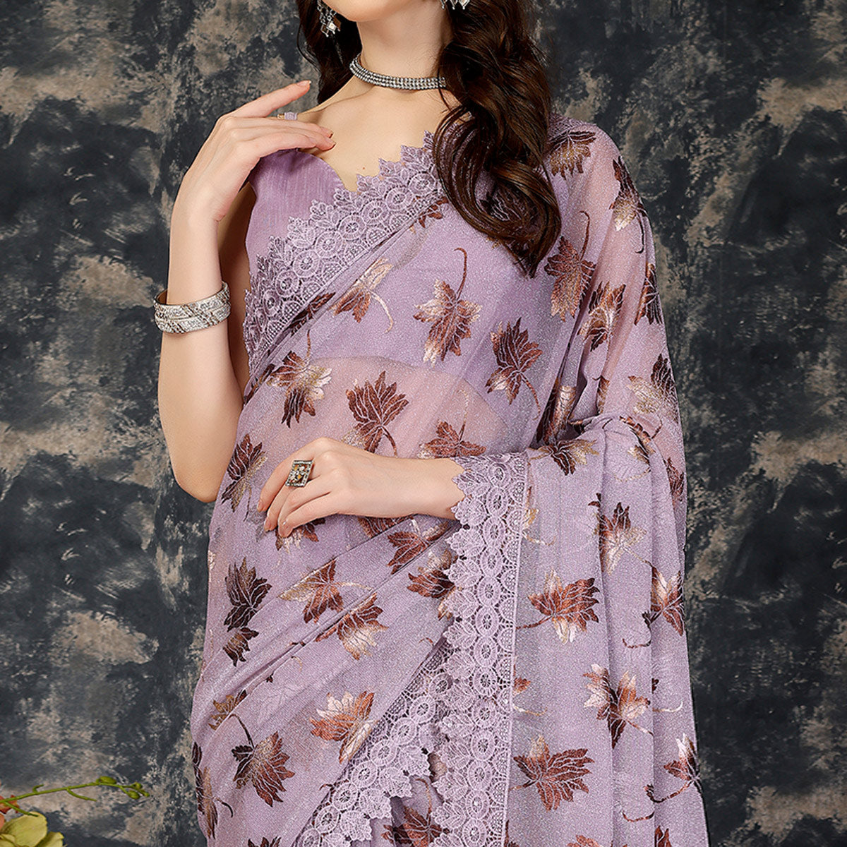 Light Purple Foil Printed Lycra Saree With Embroidered Lace Border