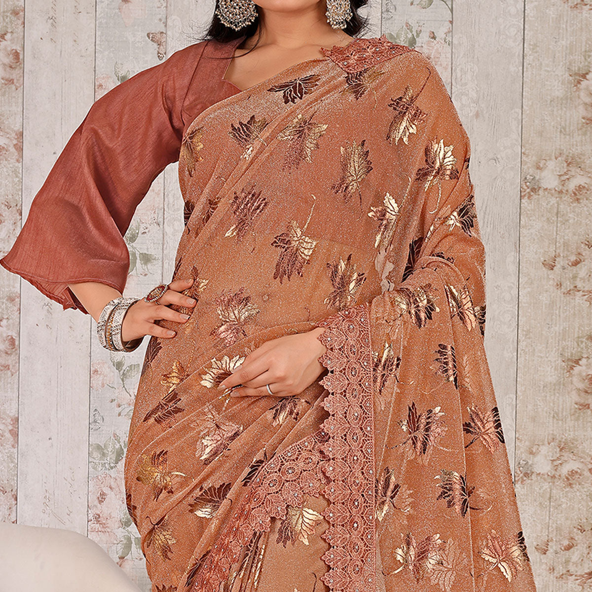 Dusty Peach Foil Printed Lycra Saree With Embroidered Lace Border