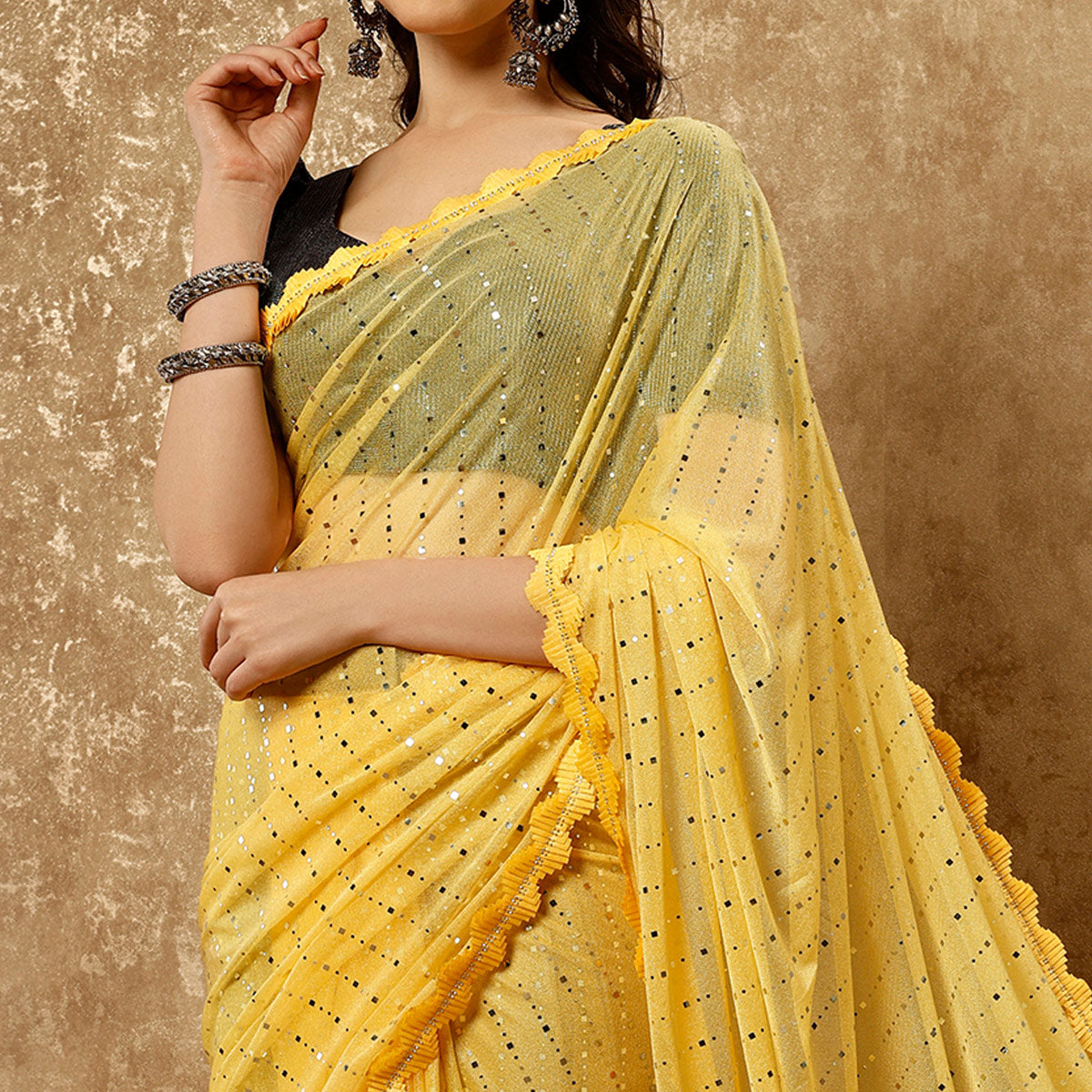 Yellow Tikali With Swarovski Work Lycra Ready To Wear Saree