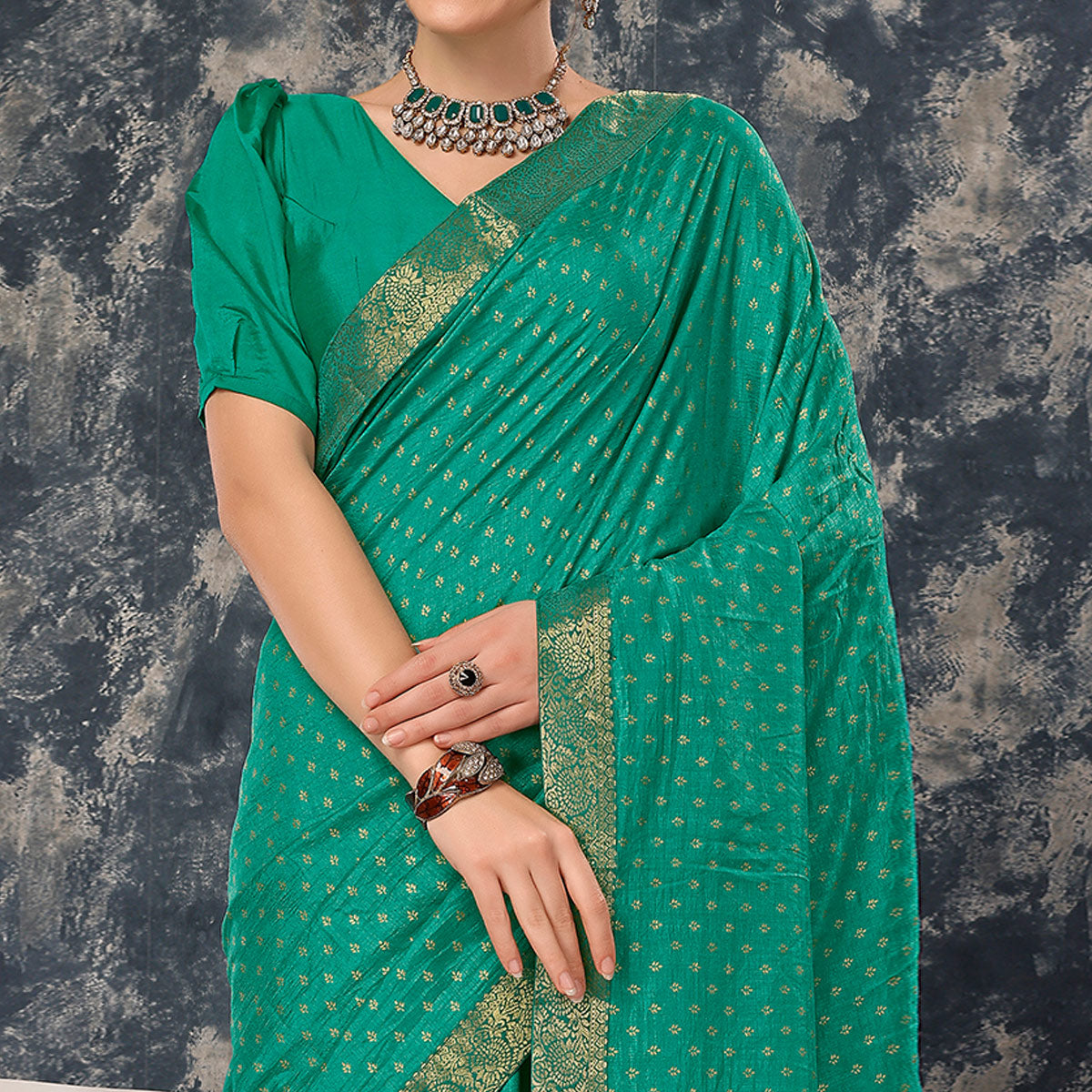 Rama Green Floral Foil Printed Vichitra Silk Saree With Lace Border