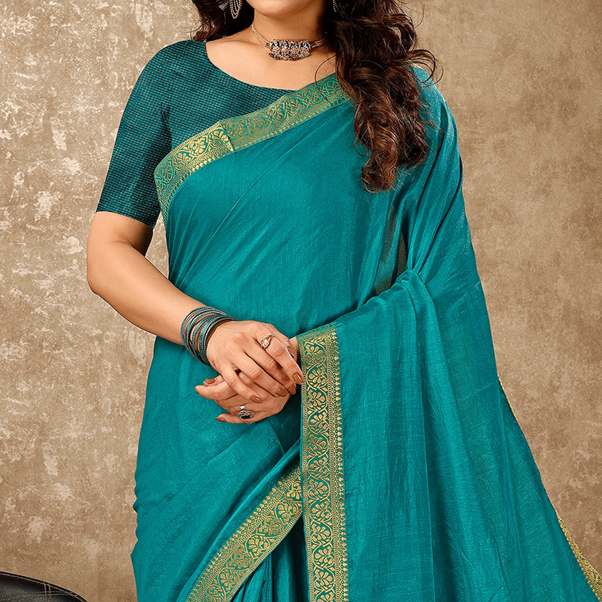 Blue Floral Swarovski Work Vichitra Silk Saree With Lace Border