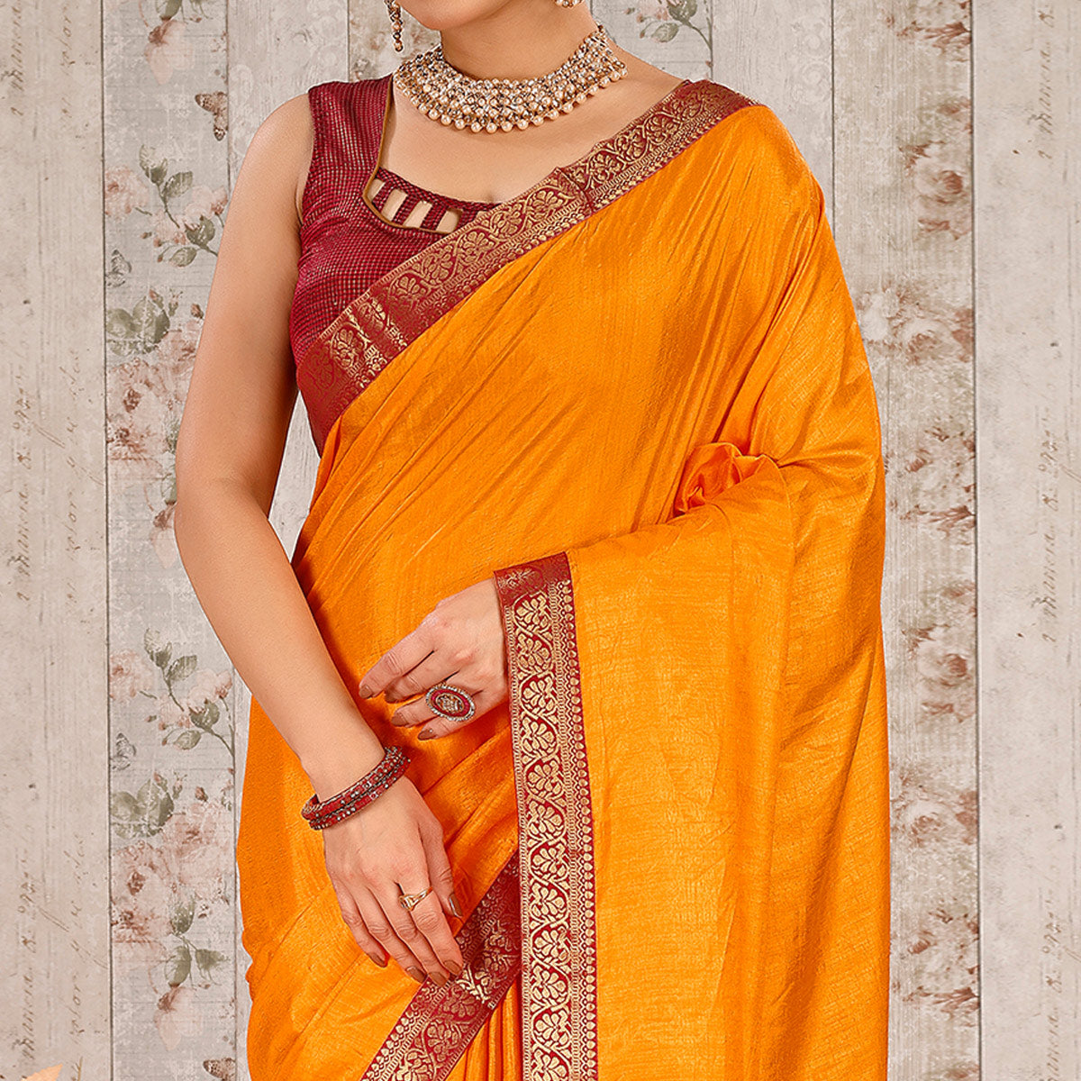 Yellow Floral Swarovski Work Vichitra Silk Saree With Lace Border