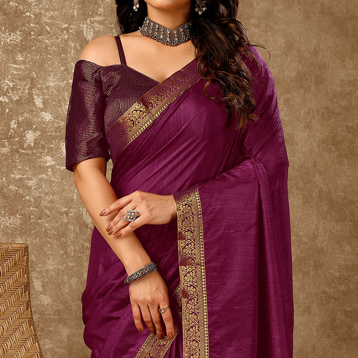 Purple Floral Swarovski Work Vichitra Silk Saree With Lace Border
