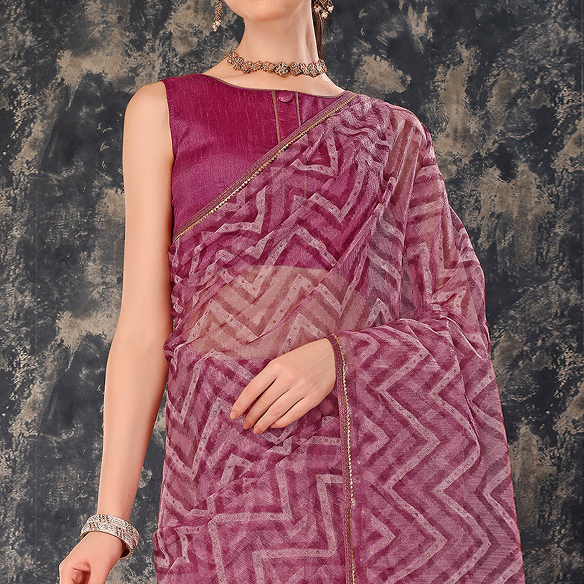 Purple Printed With Zari Work Cotton Silk Saree With Lace Border
