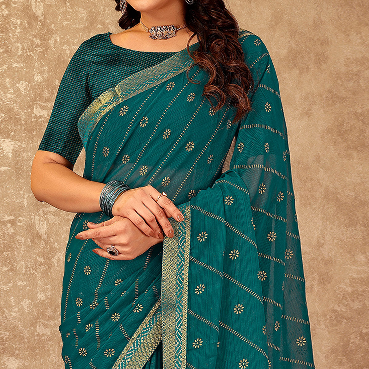 Teal Floral Foil Printed Chiffon Saree With Lace Border