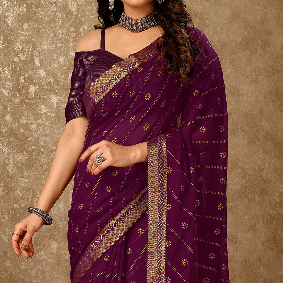 Purple Floral Foil Printed Chiffon Saree With Lace Border