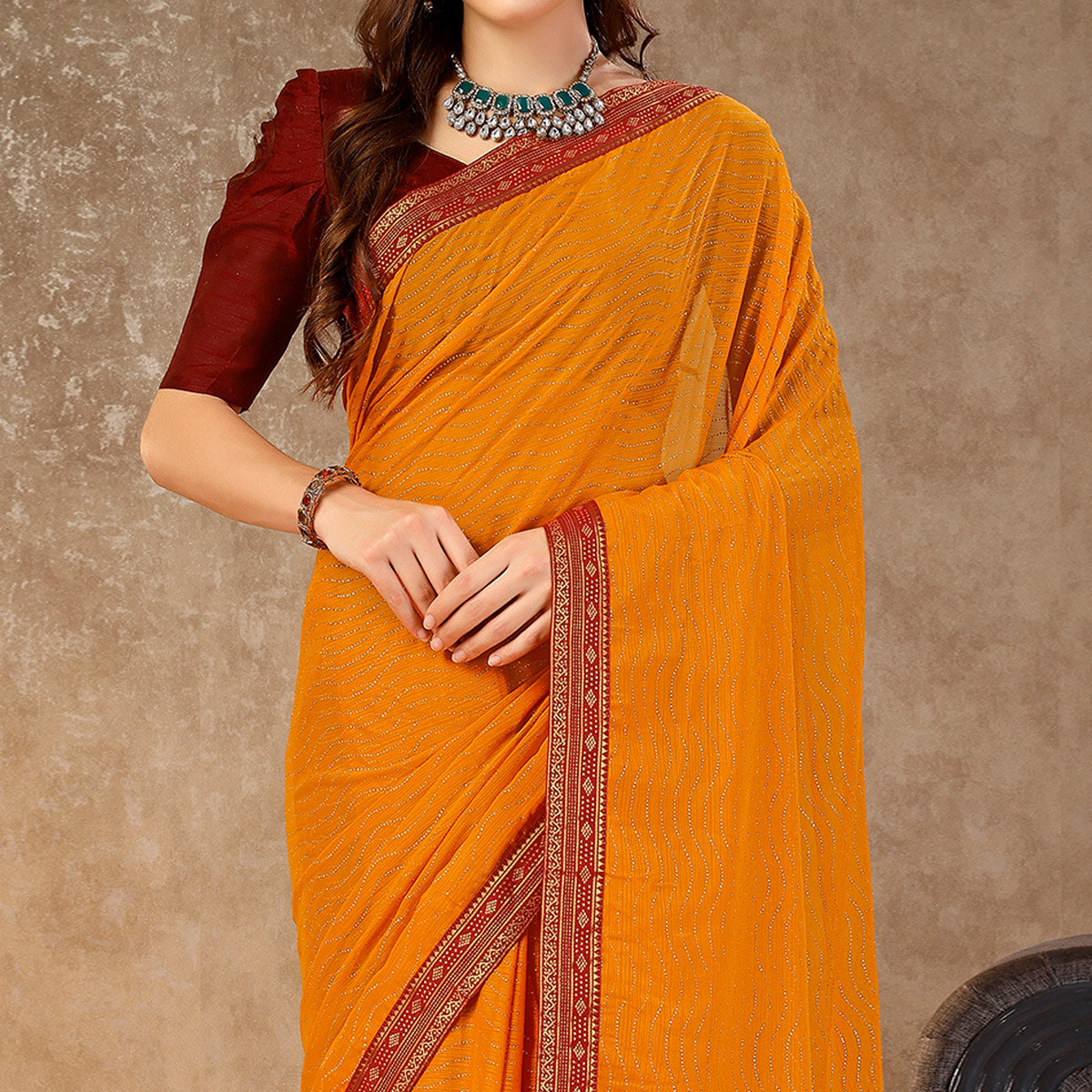 Yellow Zari Embroidery Chiffon Saree With Lace Border