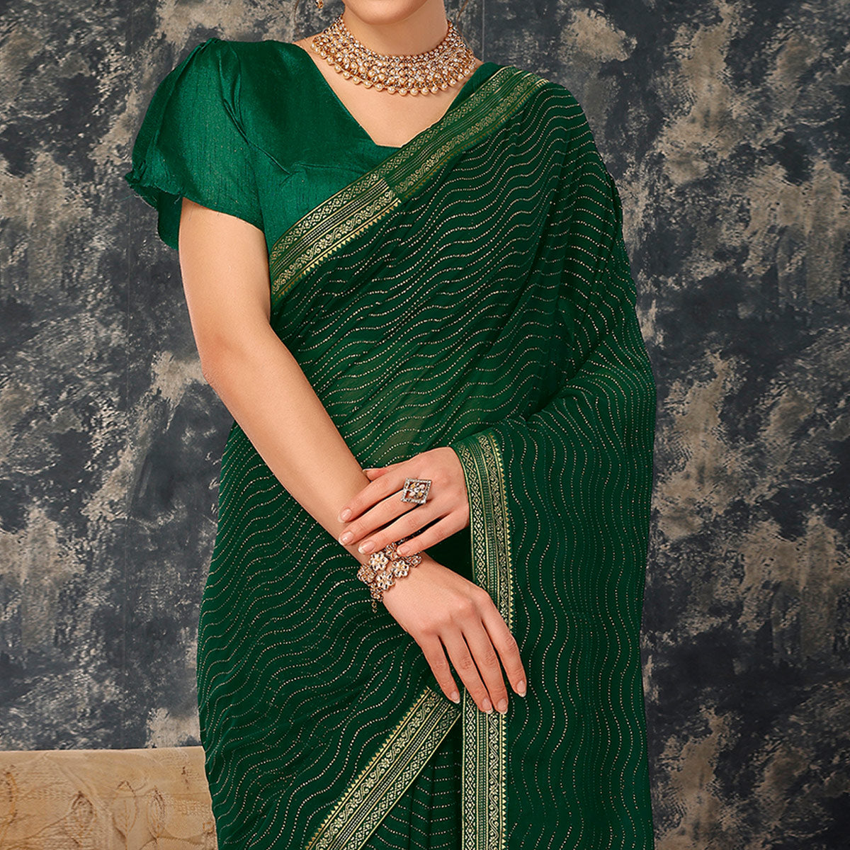 Green Zari Embroidery Chiffon Saree With Lace Border