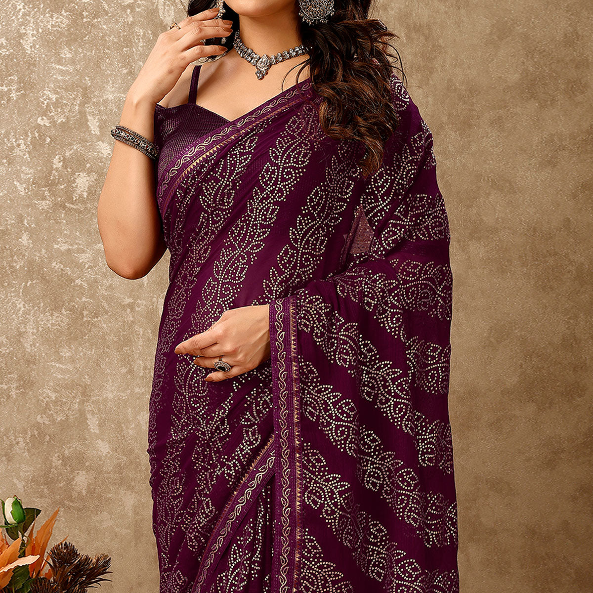 Purple Bandhani Foil Printed Chiffon Saree With Lace Border