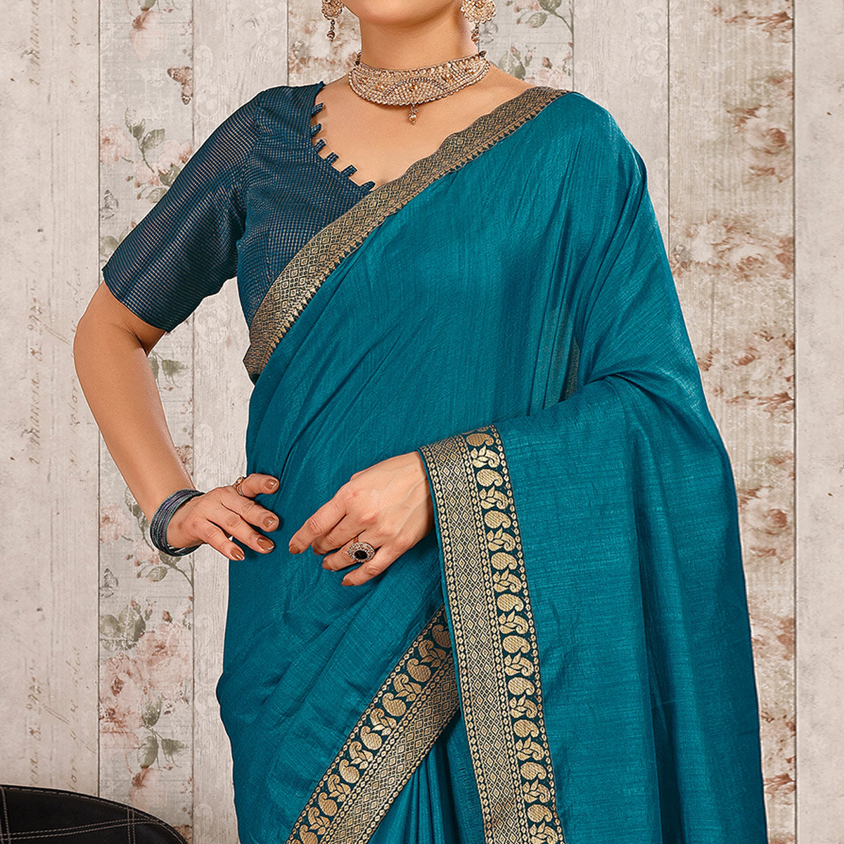 Teal Blue Solid Saree Vichitra Silk With Zari Lace Border