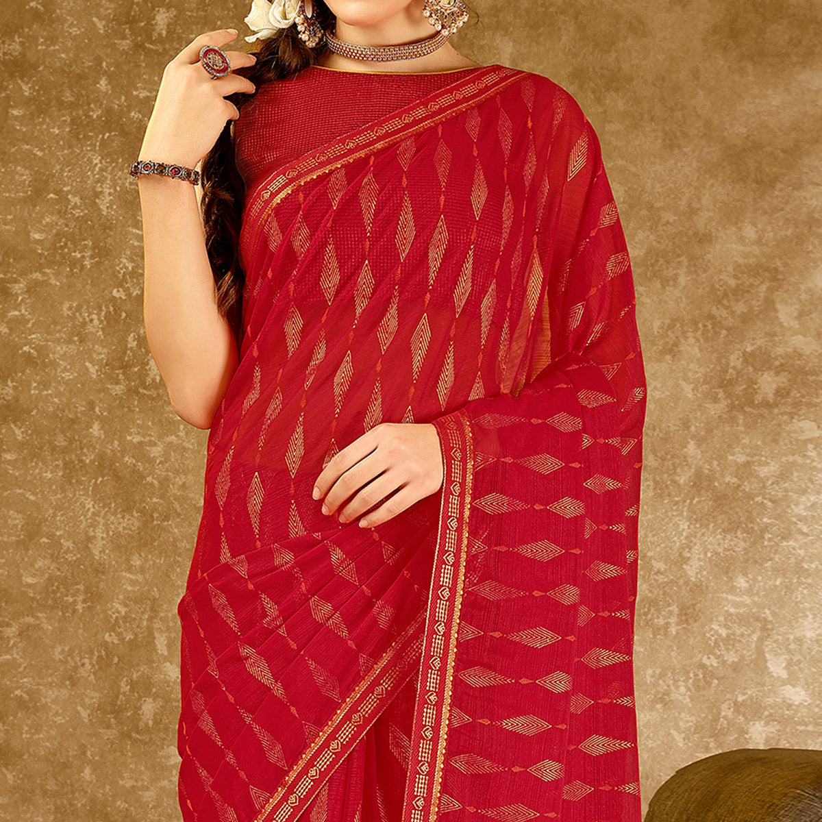 Red Foil Printed Chiffon Saree With Lace Border