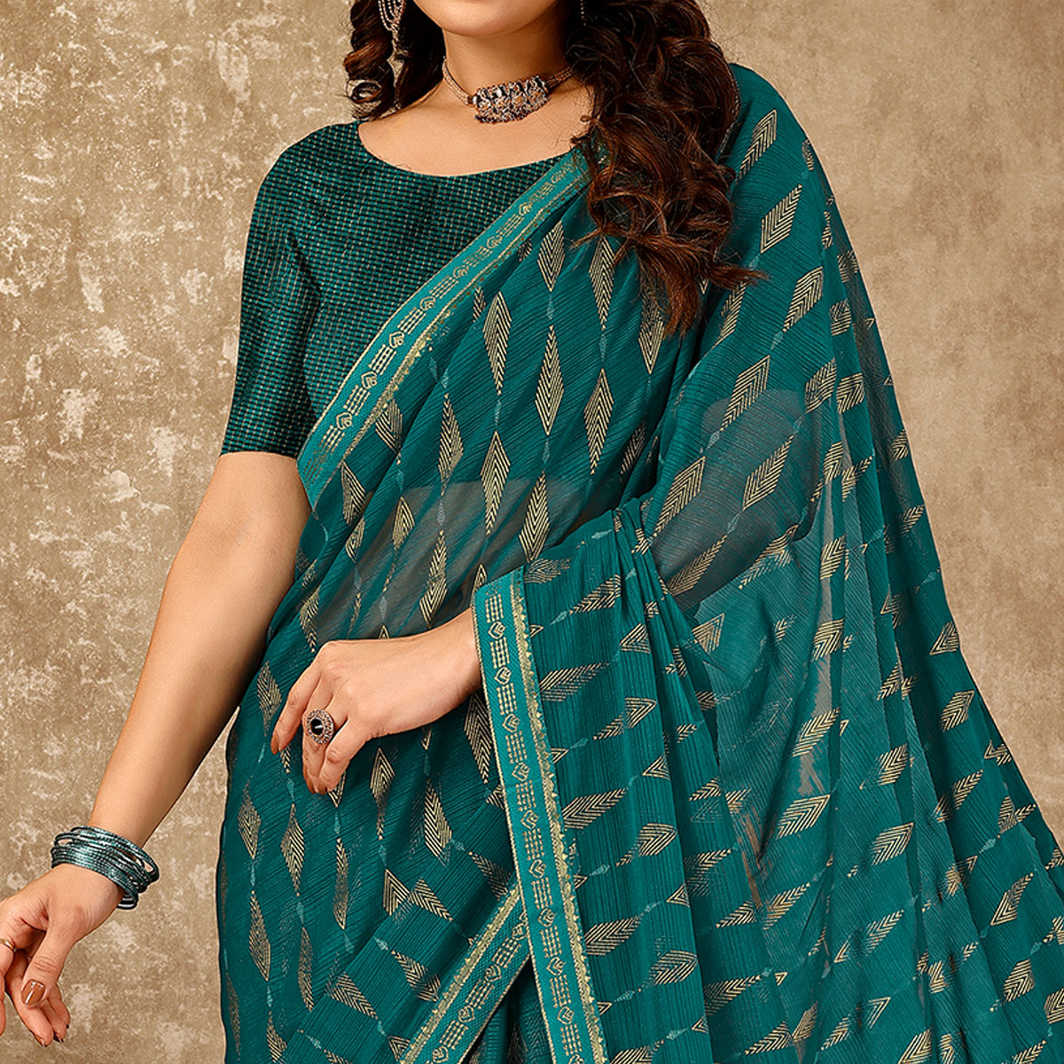 Teal Foil Printed Chiffon Saree With Lace Border