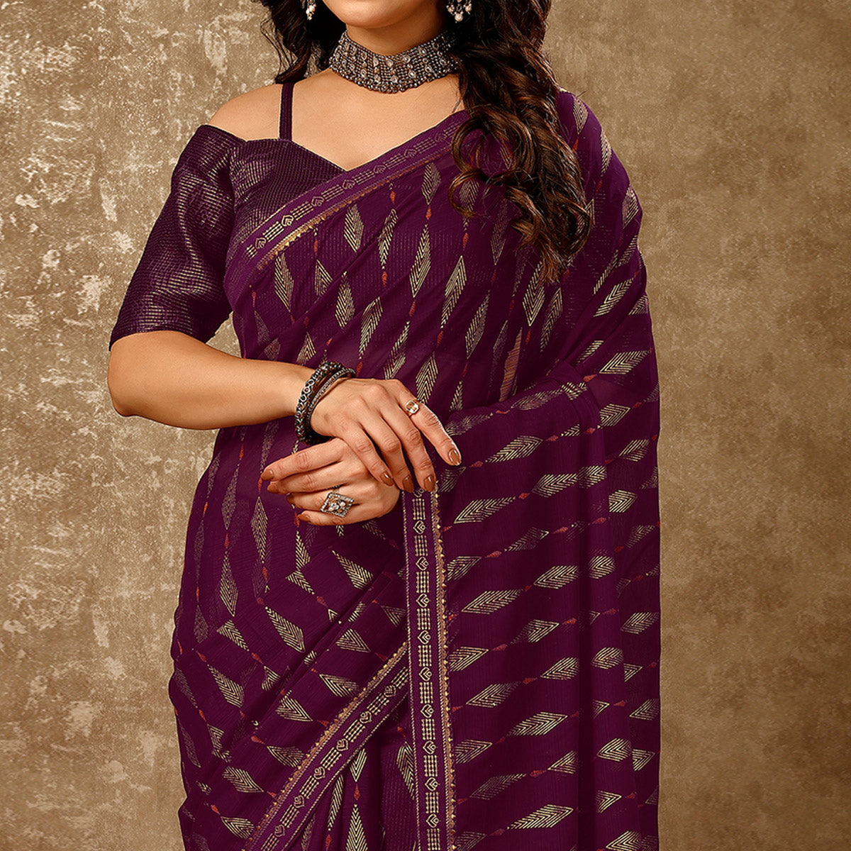 Purple Foil Printed Chiffon Saree With Lace Border