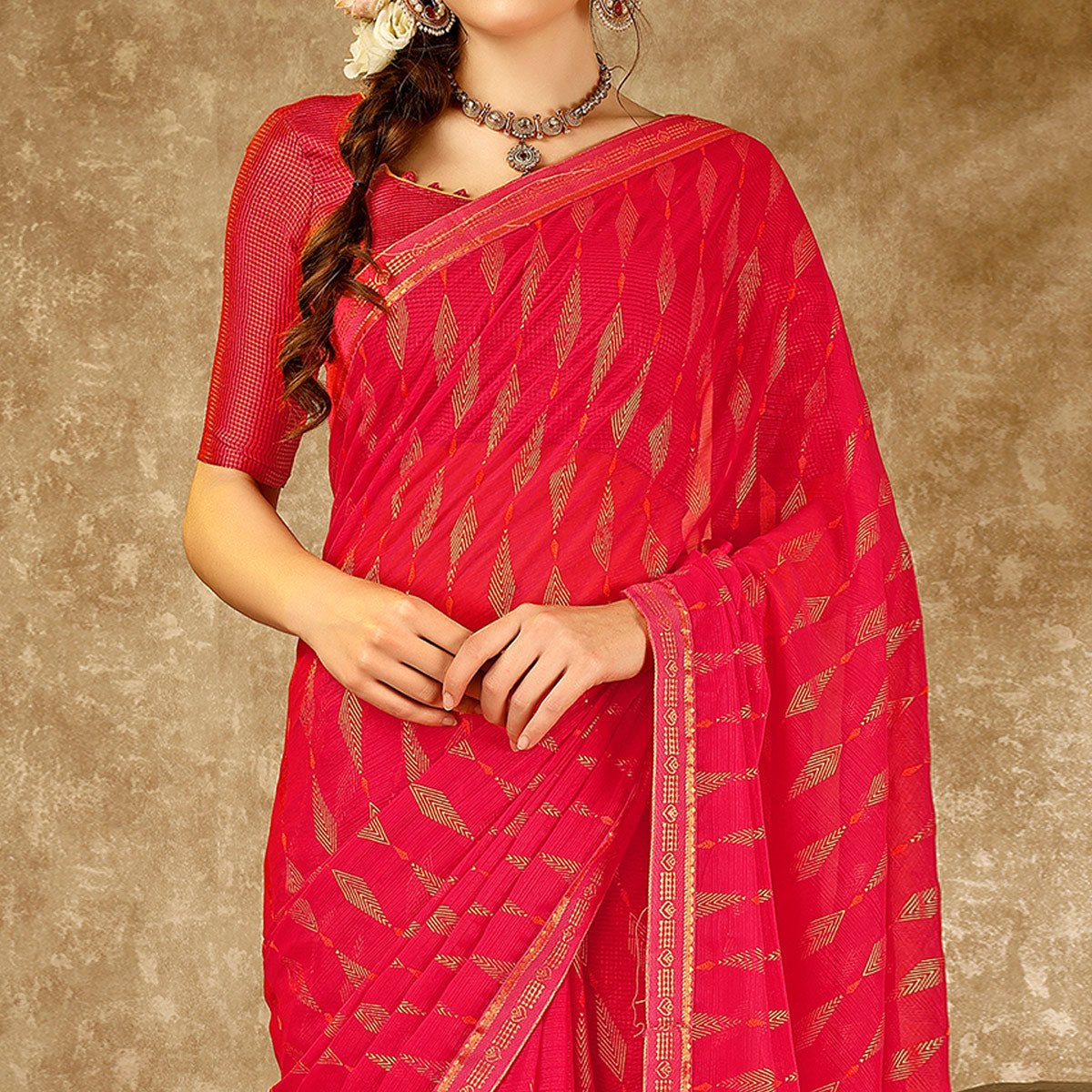 Pink Foil Printed Chiffon Saree With Lace Border