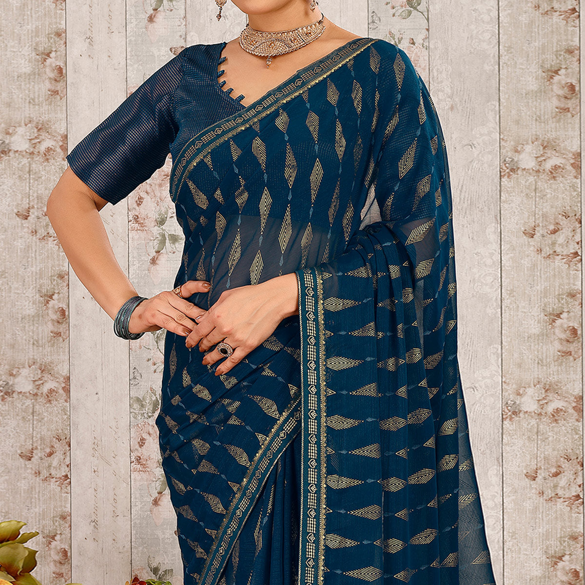 Blue Foil Printed Chiffon Saree With Lace Border
