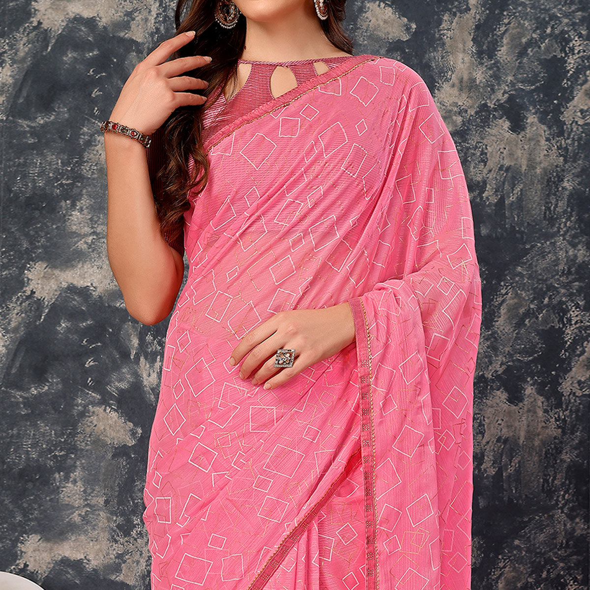 Pink Printed With Zari Work Chiffon Saree With Lace Border