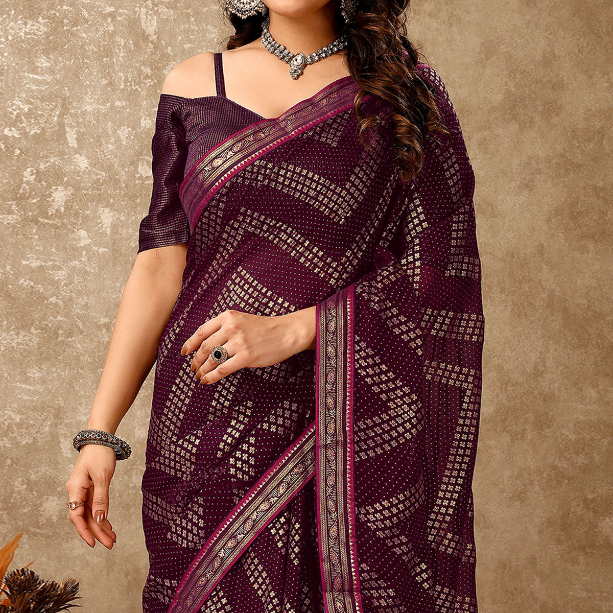 Purple Foil Printed Chiffon Saree With Lace Border