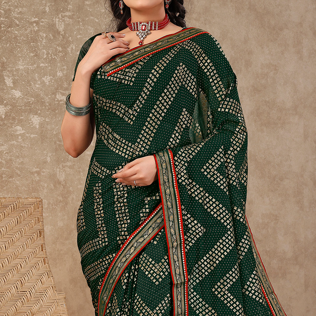 Green Foil Printed Chiffon Saree With Lace Border