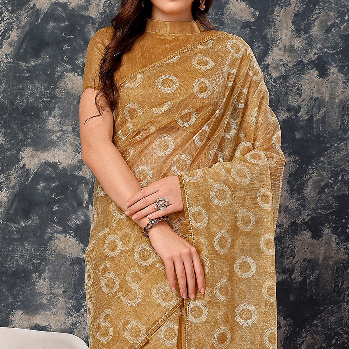 Chikoo Printed With Zari Work Cotton Silk Saree With Lace Border