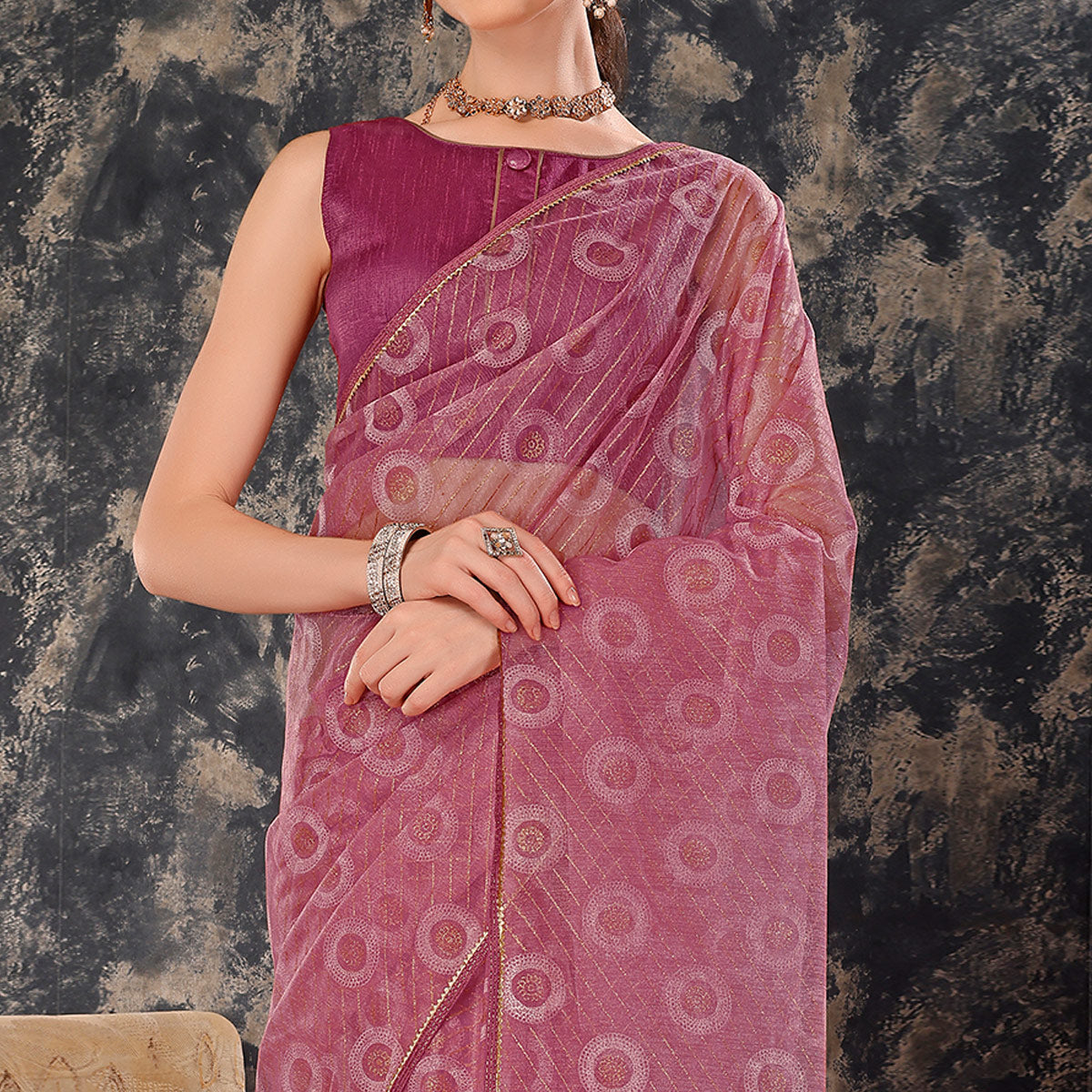 Purple Printed With Zari Work Cotton Silk Saree With Lace Border