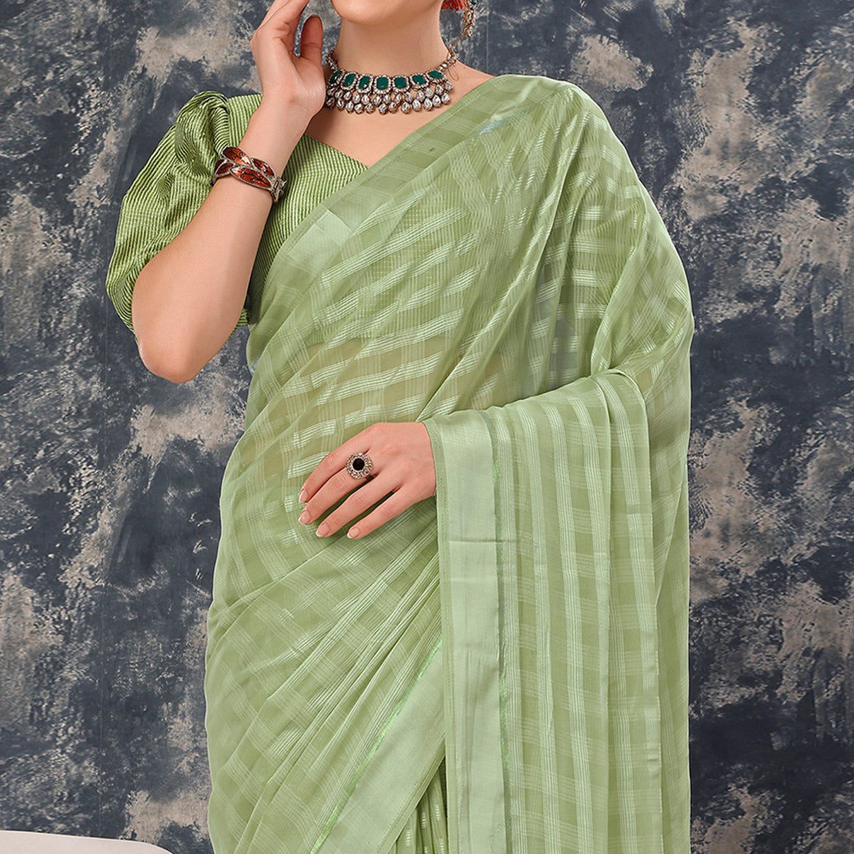 Green Swarovski Work Chiffon Saree With Tassels