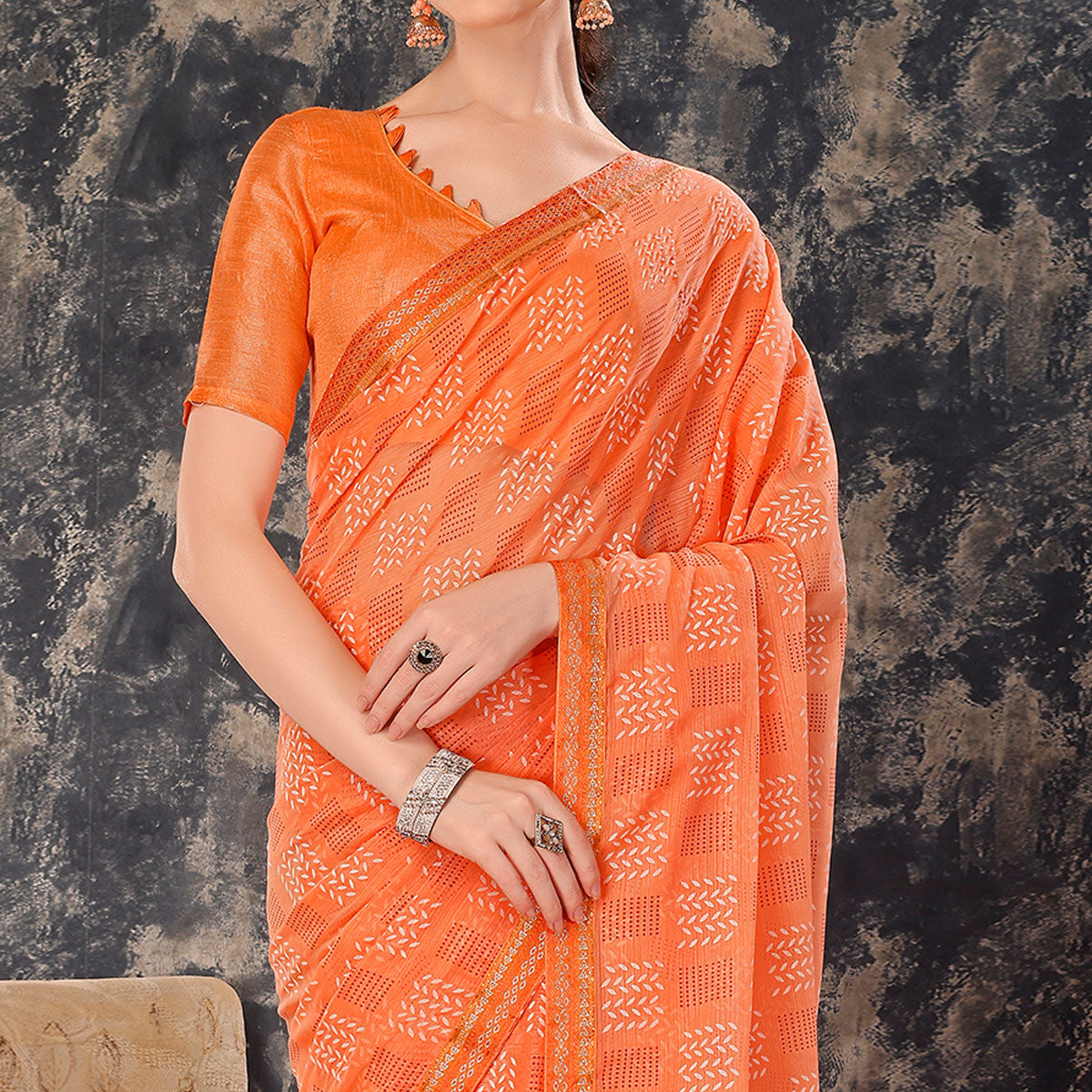 Light Orange Printed Chiffon Saree With Lace Border