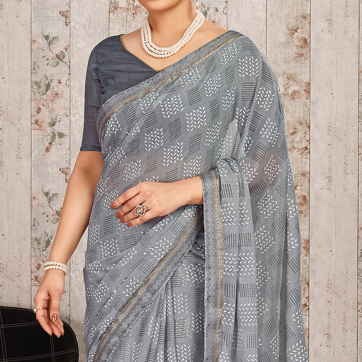 Grey Printed Chiffon Saree With Lace Border