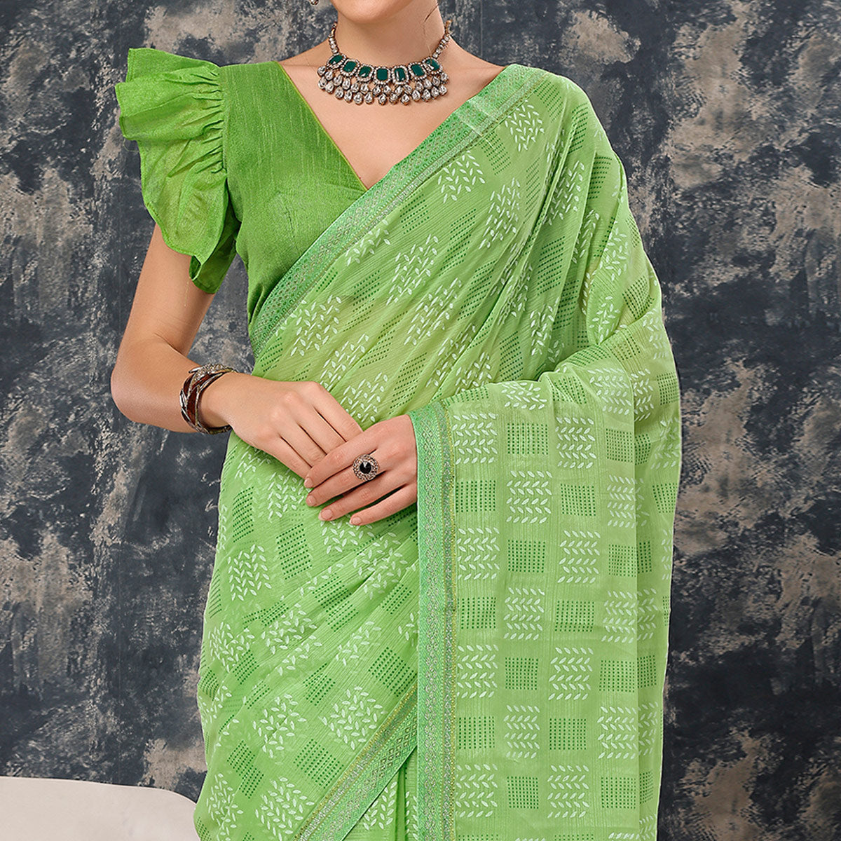 Green Printed Chiffon Saree With Lace Border