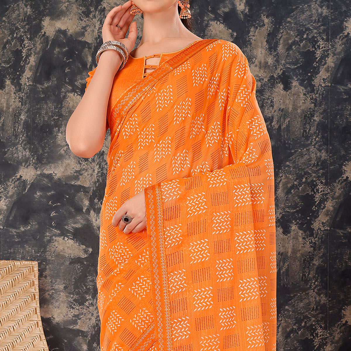 Orange Printed Chiffon Saree With Lace Border