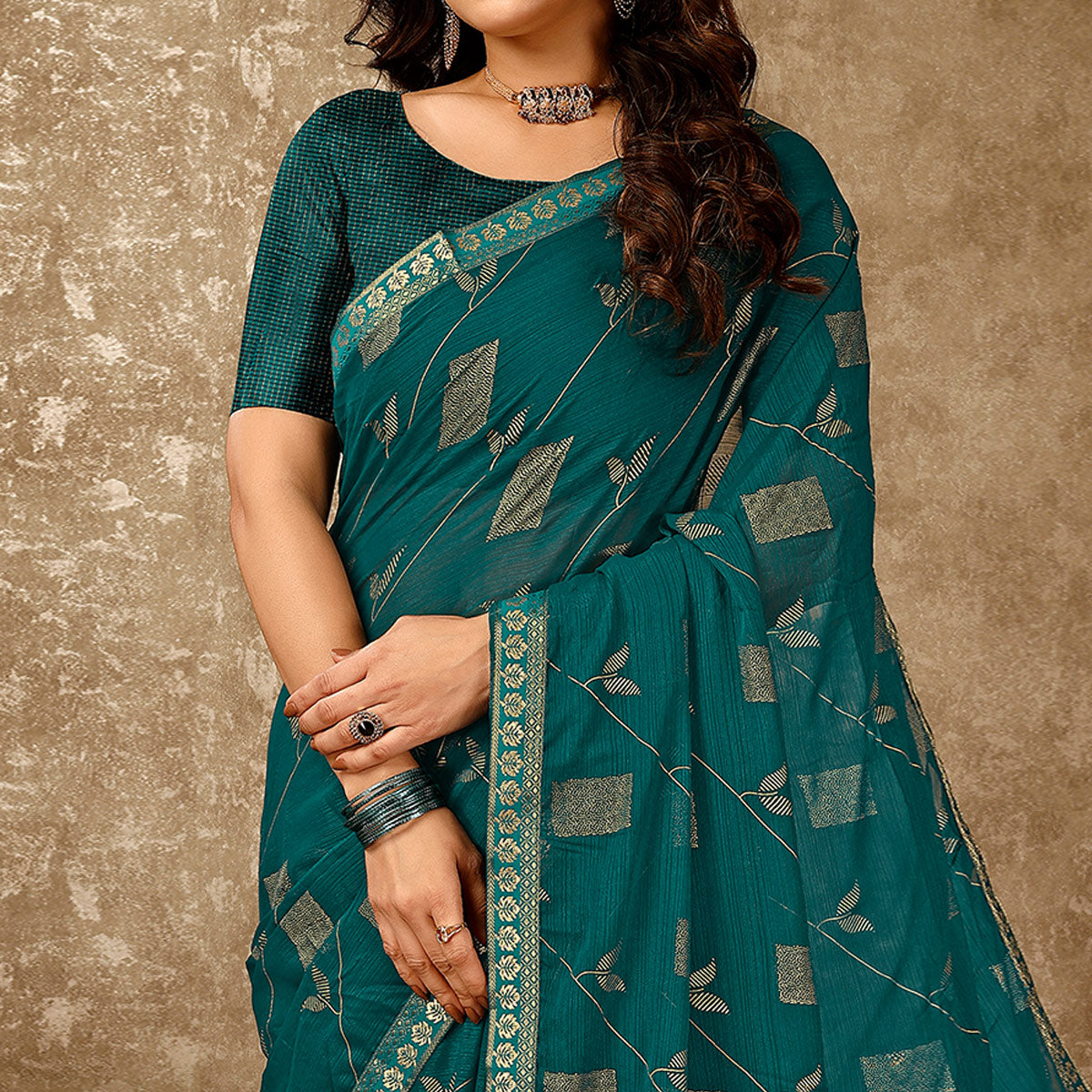 Teal Blue Floral Foil Printed Chiffon Saree With Lace Border