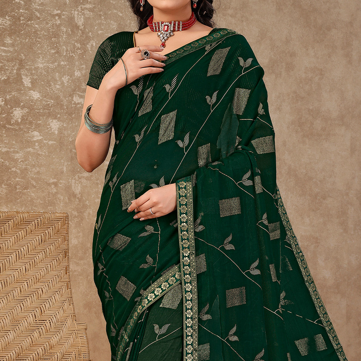 Green Floral Foil Printed Chiffon Saree With Lace Border