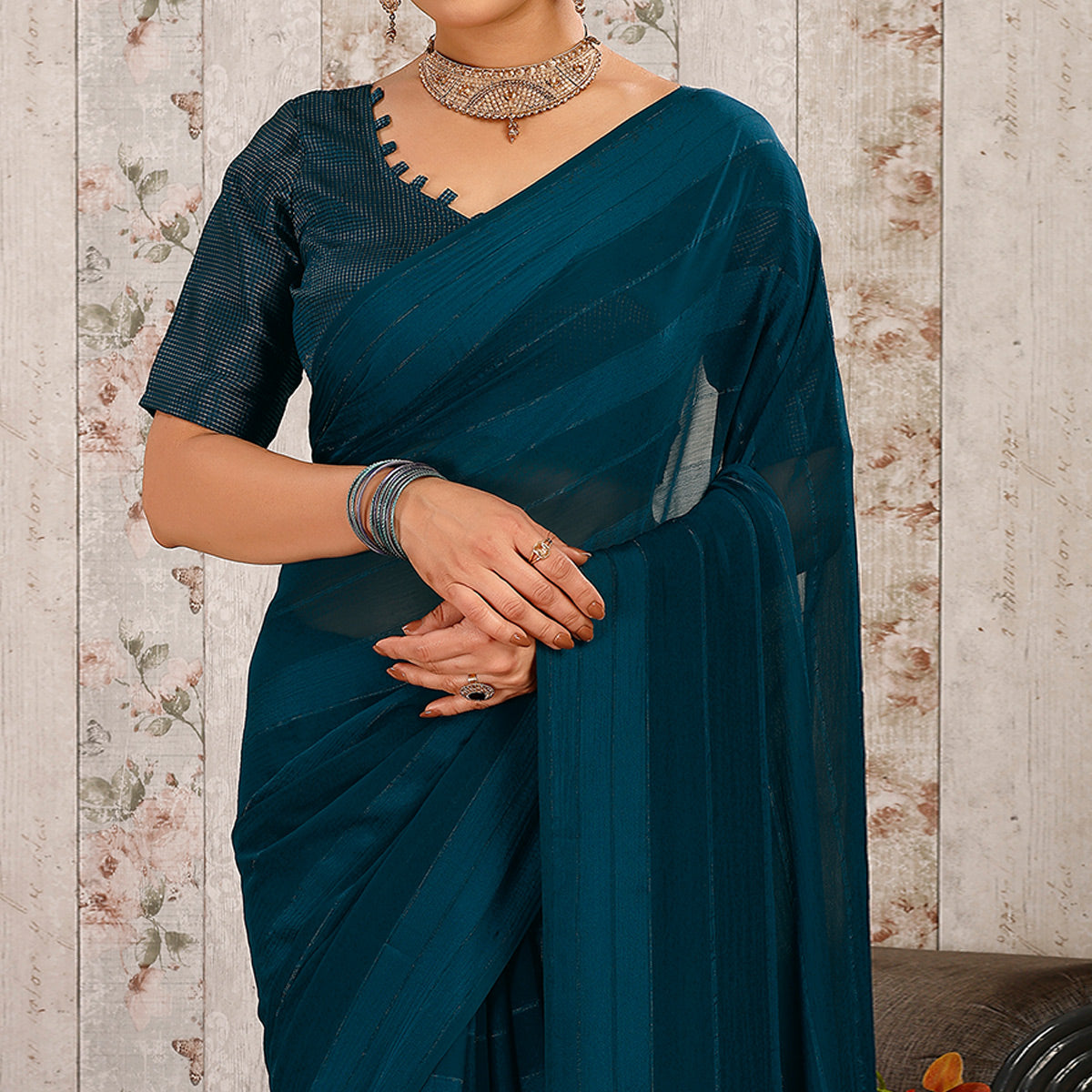 Morpich Swarovski Work Chiffon Saree With Tassels