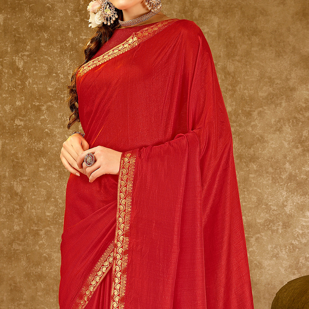 Red Swarovski Work Vichitra Silk Saree With Lace Border