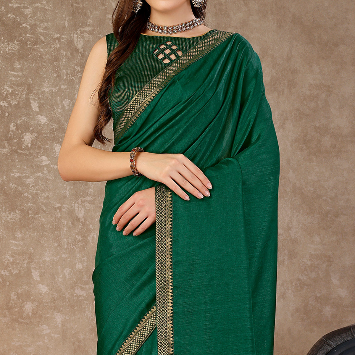 Green Swarovski Work Vichitra Silk Saree With Lace Border