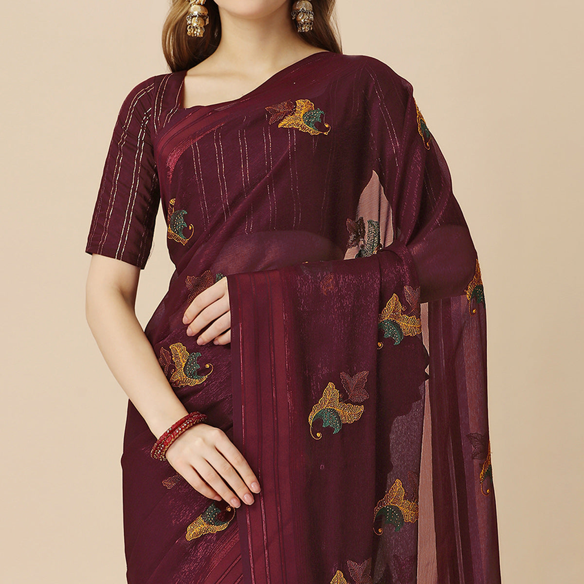 Maroon Floral Embroidered Chiffon Saree With With Tassels