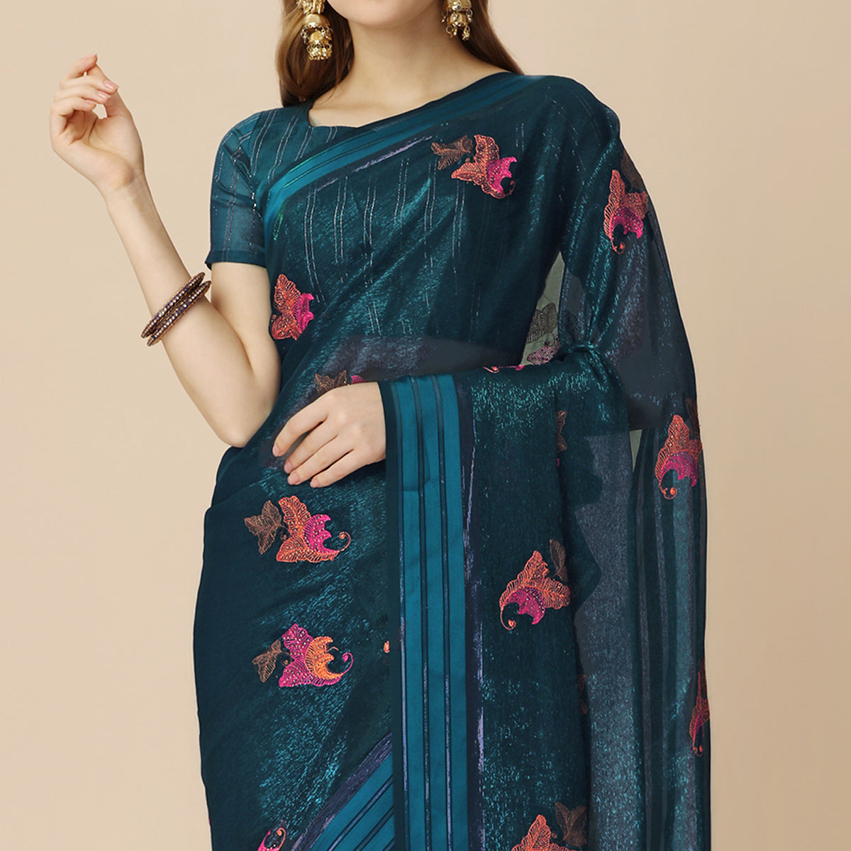 Dark Blue Floral Embroidered Chiffon Saree With With Tassels