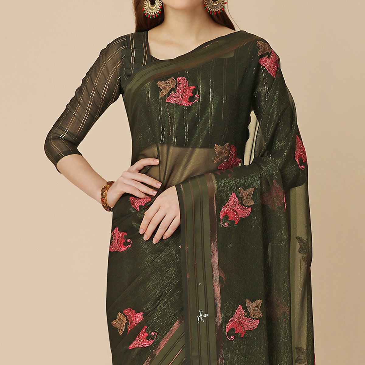 Dark Green Floral Embroidered Chiffon Saree With With Tassels