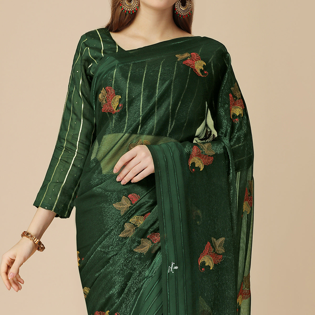 Green Floral Embroidered Chiffon Saree With With Tassels