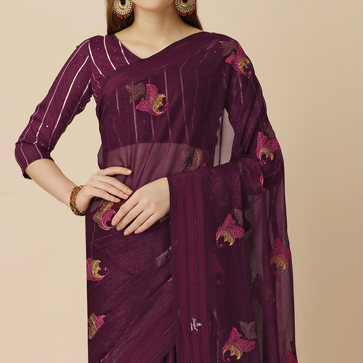 Burgundy Floral Embroidered Chiffon Saree With With Tassels