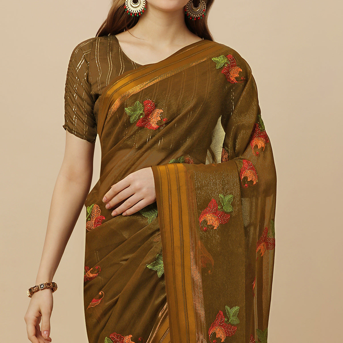 Mehendi Green Floral Embroidered Chiffon Saree With With Tassels