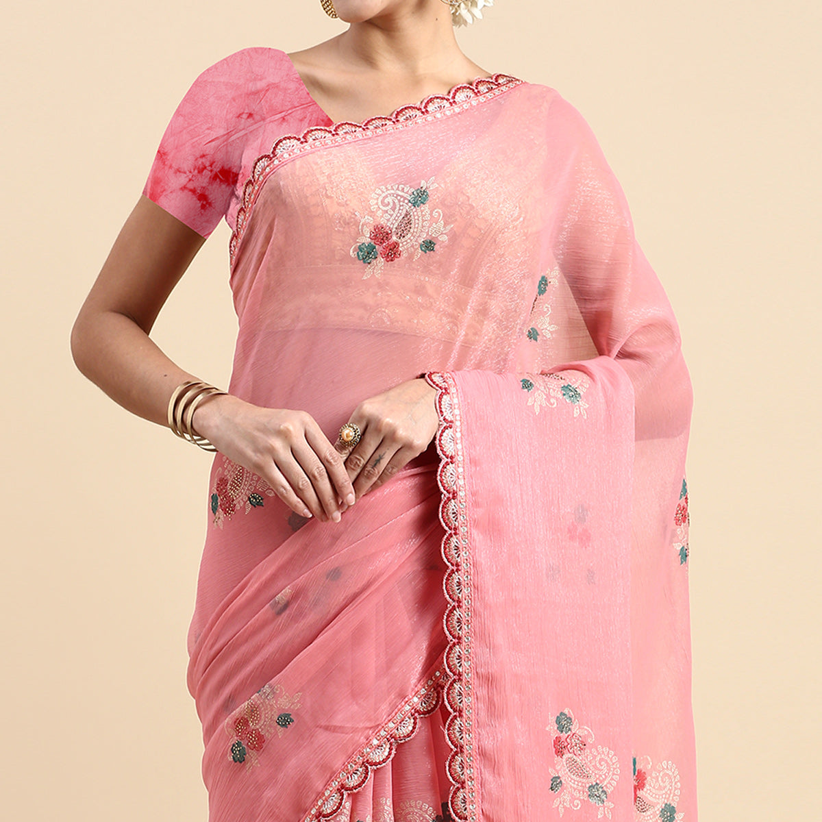 Pink Foil Printed With Swarovski Shimmer Chiffon Saree