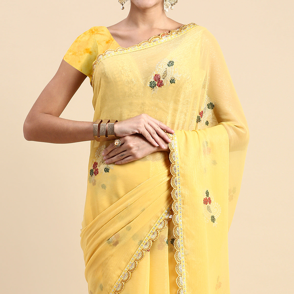Yellow Foil Printed With Swarovski Shimmer Chiffon Saree