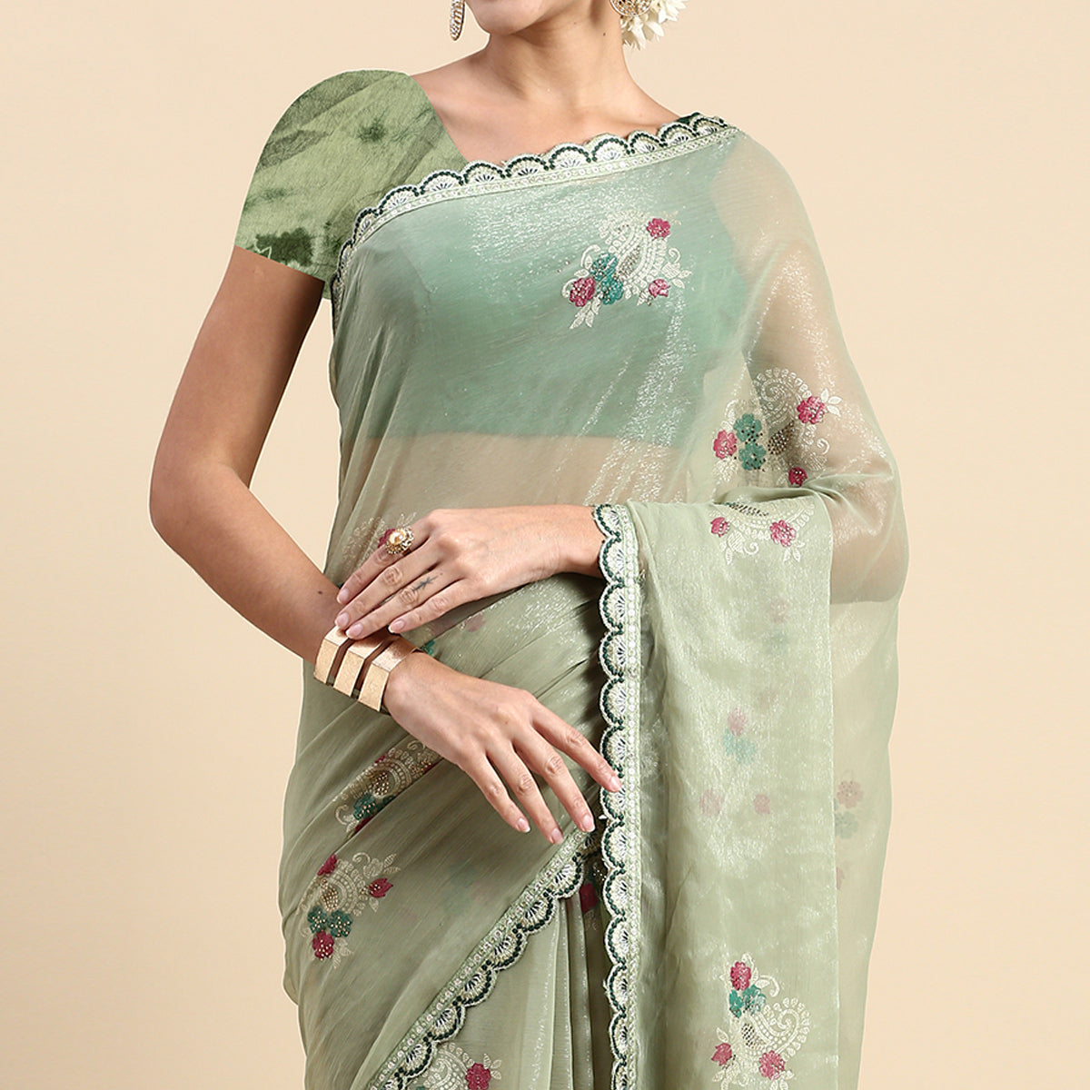 Green Foil Printed With Swarovski Shimmer Chiffon Saree