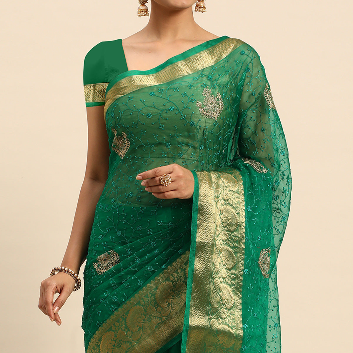 Green Floral Embroidered Organza Saree