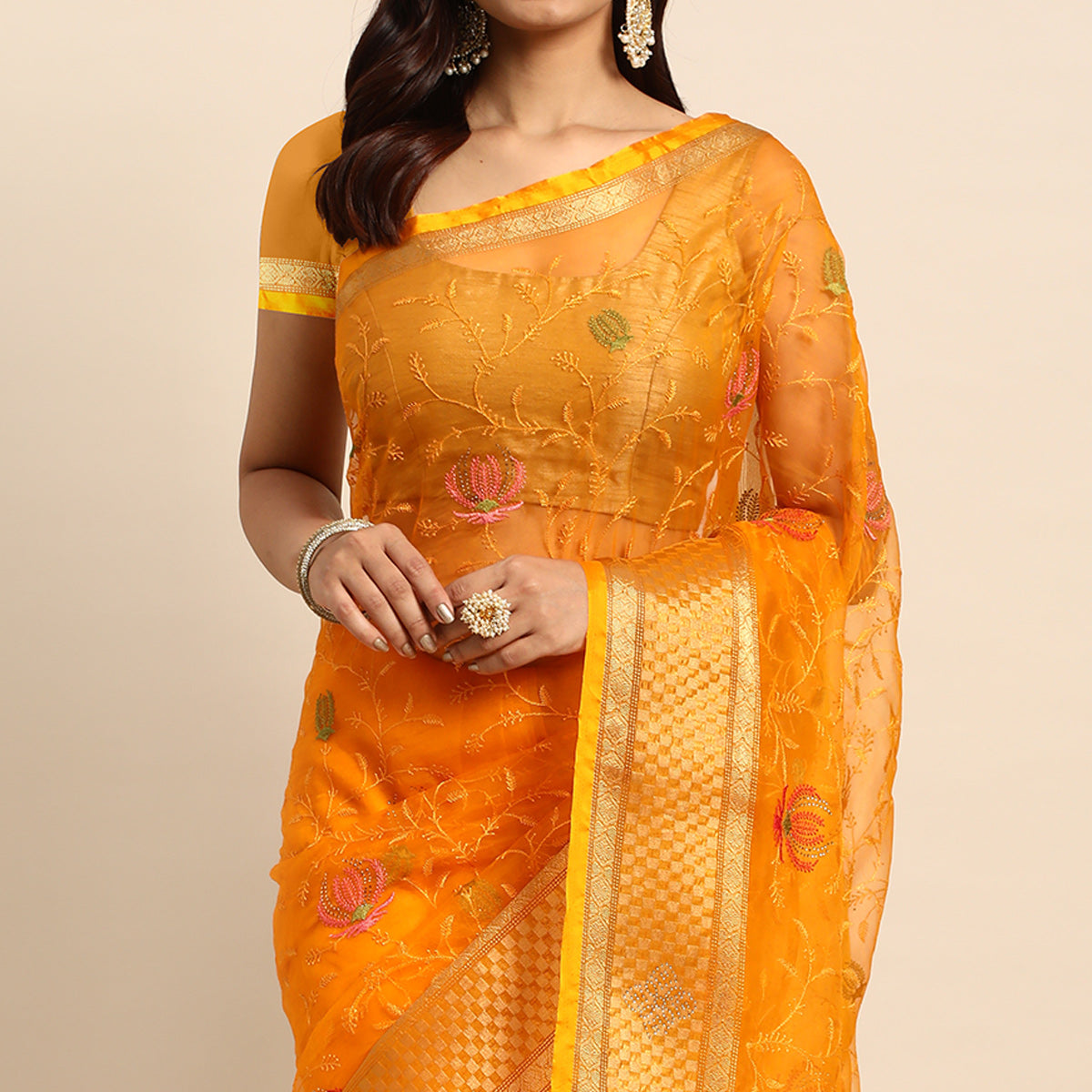 Yellow Floral Embroidered Organza Saree