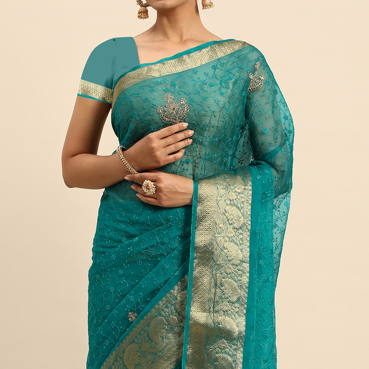 Turquoise Floral Embroidered Organza Saree