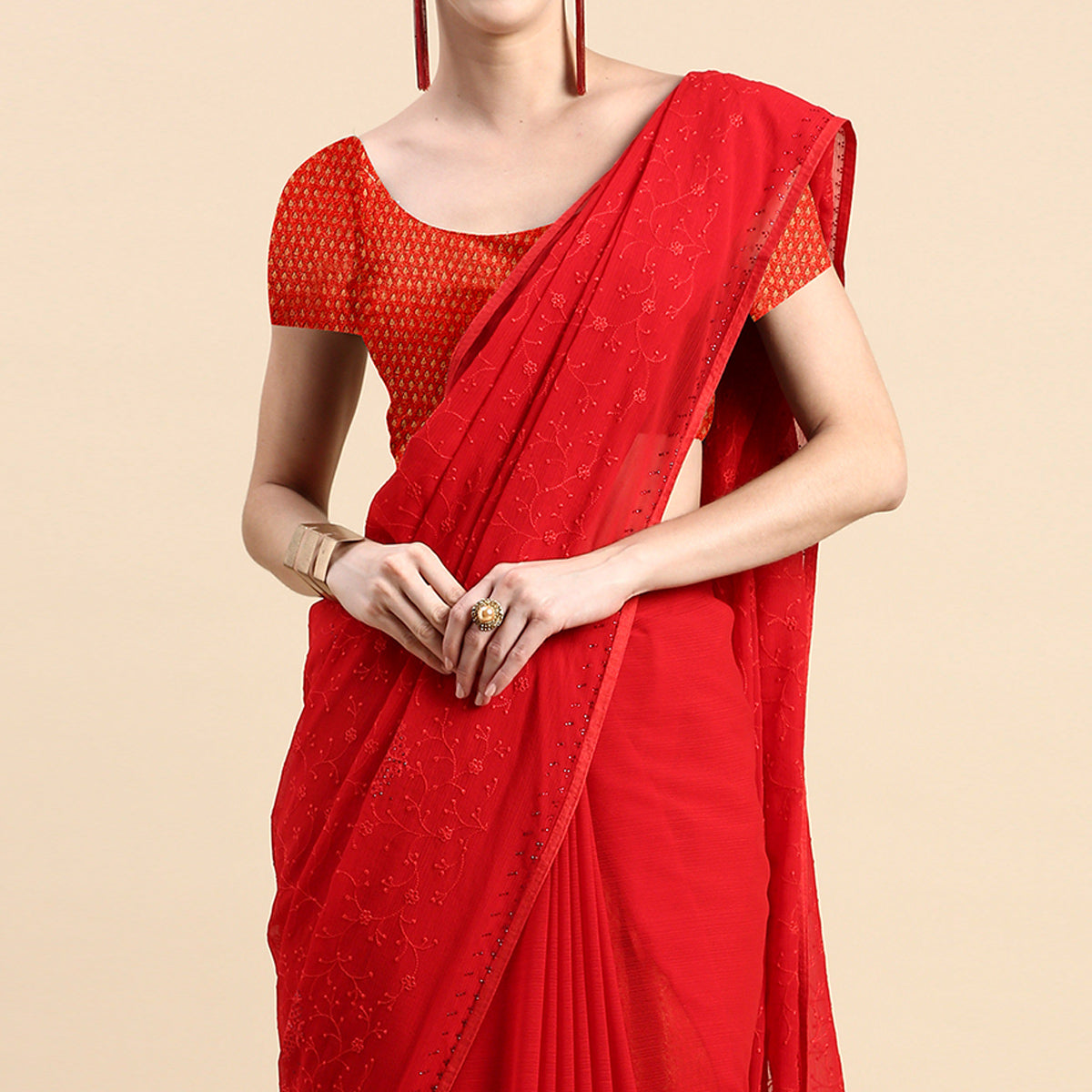 Red Floral Embroidered Zomato Silk Saree