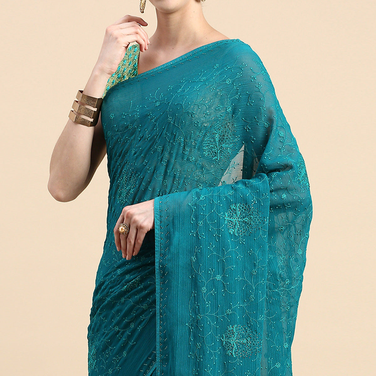 Turquoise Green Floral Embroidered Zomato Silk Saree