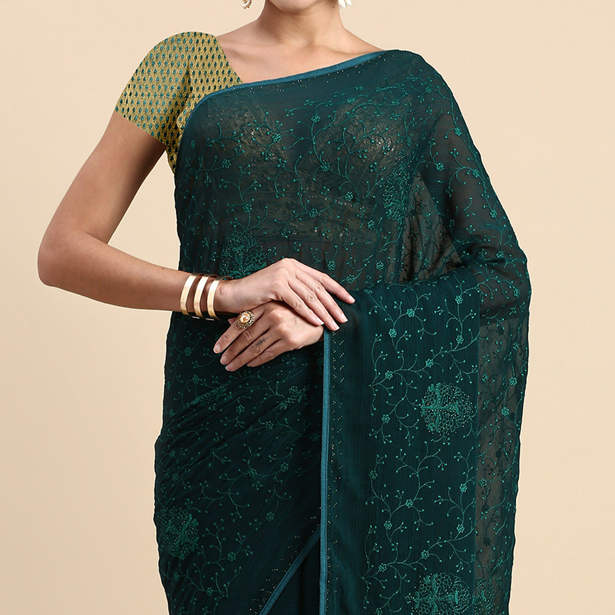 Green Floral Embroidered Zomato Silk Saree